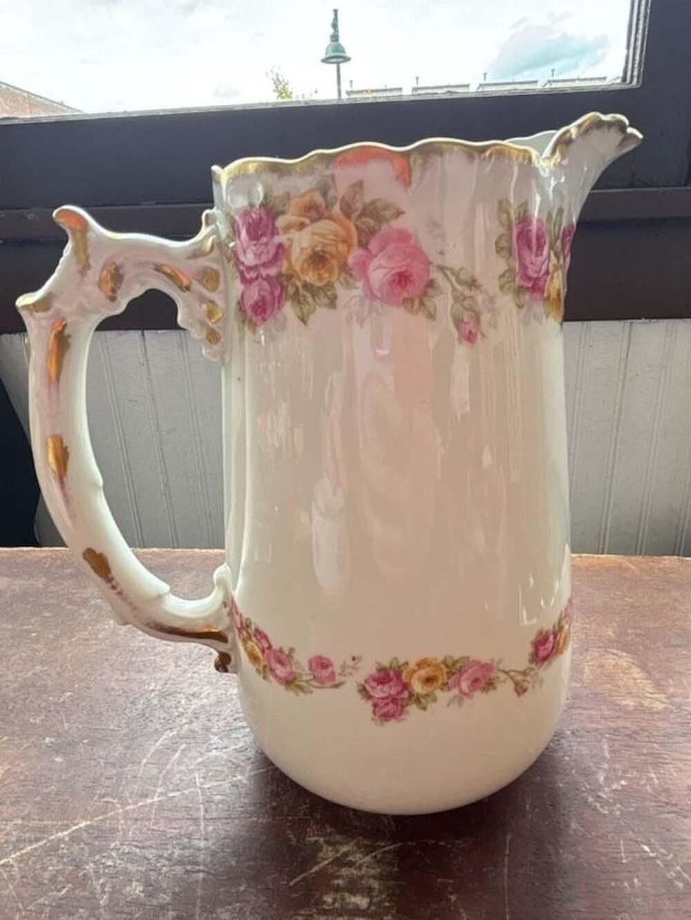 Elite Works Limoges France Vintage Pink Floral Pitcher with Gold Trim